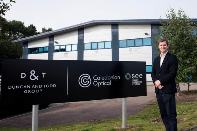 Duncan and Todd Group CEO Mat Norris outside the firm's new Caledonian Optical lab at Dyce.