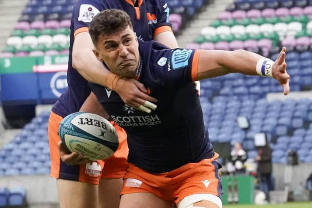 Damien Hoyland celebrates his try for Edinburgh against Glasgow last month with team-mate Henry Pyrgos. (Photo by Simon Wootton / SNS Group)