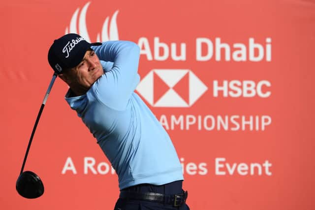 Justin Thomas tees off during the pro am ahead of the Abu Dhabi HSBC Championship starting tomorrow at Abu Dhabi Golf Club. Picture: Ross Kinnaird/Getty Images.