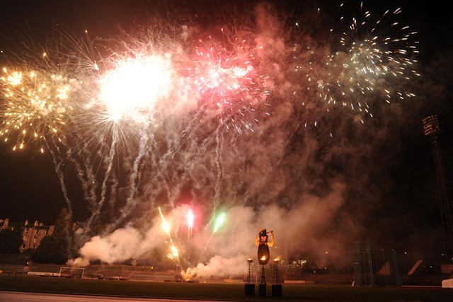 A Guy Fawkes effigy glows as the 2012 Meadowbank Fireworks Display wows the crowds in Edinburgh.