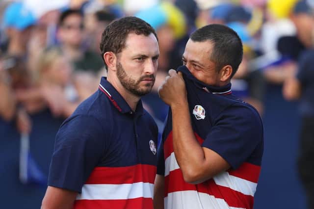 Neither  Patrick Cantlay or Xander Schauffele wore hats on the final day of the 44th Ryder Cup in Rome. Picture: Patrick Smith/Getty Images.