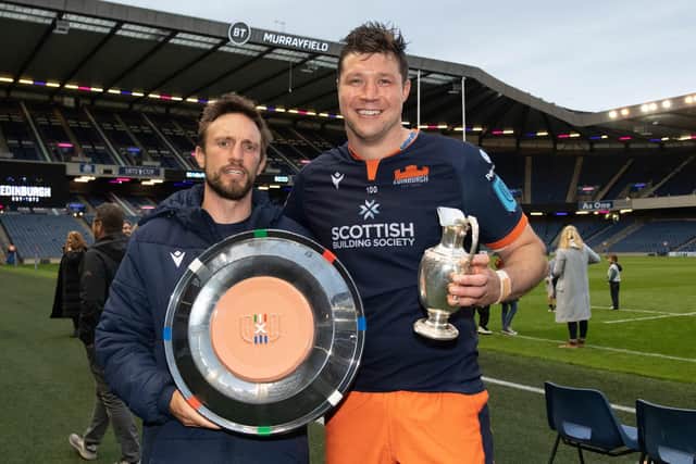 Edinburgh coach Mike Blair and captain Grant Gilchrist with the Scottish-Italian Shield and 1872 Cup after the win over Glasgow. (Photo by Ross Parker / SNS Group)