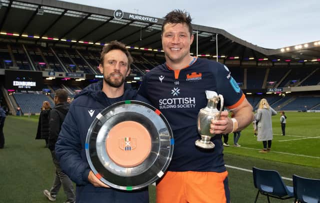 Edinburgh coach Mike Blair and captain Grant Gilchrist with the Scottish-Italian Shield and 1872 Cup after the win over Glasgow.  (Photo by Ross Parker / SNS Group)