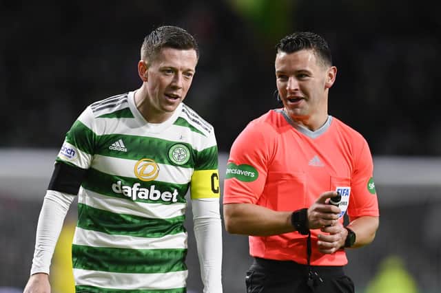 Celtic's Callum McGregor and referee Nick Walsh share some words during last week's match at Parkhead against Kilmarnock.