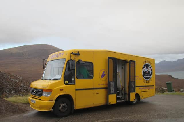 A yellow mobile library in the Highlands. The fleet has now dwindled from 10 to seven with Transit vans, with fewer books packed in crates, now filling the gaps. PIC: Contributed.