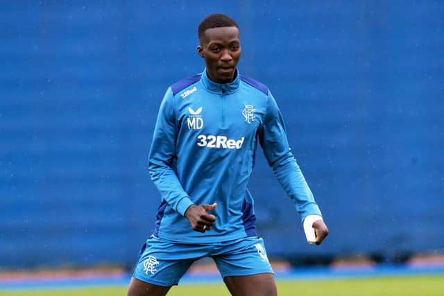 Rangers midfielder Mohamed Diomande sporting a bandaged thumb at training on Thursday. (Photo by Alan Harvey / SNS Group)