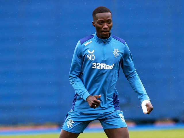 Rangers midfielder Mohamed Diomande sporting a bandaged thumb at training on Thursday. (Photo by Alan Harvey / SNS Group)