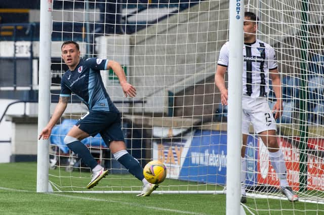 Raith Rovers striker Lewis Vaughan (L) checks with the linesman before celebrating his latest goal against Dunfermline on Saturday  (Photo by Paul Devlin / SNS Group)