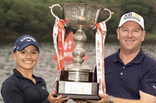 Germany's Elaine Krauter celebrates her Hero Women's Indian Open win with caddie Gary Marshall. Picture: LET