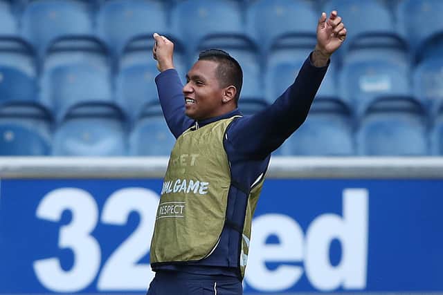Alfredo Morelos of Rangers reacts during a training session ahead of the UEFA Europa League Group D stage match between Standard Liege and Rangers at Ibrox Stadium on October 21, 2020. (Photo by Ian MacNicol/Getty Images)