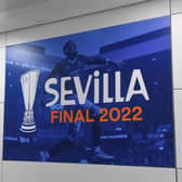 Glasgow Airport displays Sevilla 2022 posters as Rangers fans leave to go to the UEFA Europa League Final. (Photo by Craig Foy / SNS Group)