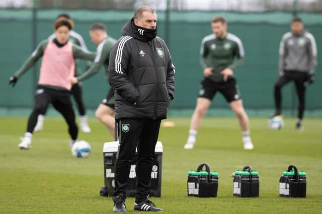 Celtic manager Ange Postecoglou oversees training ahead of Sunday's trip to Kilmarnock.