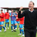 Inverness manager Duncan Ferguson celebrates in front of the travelling fans after the 3-2 victory at Arbroath. (Photo by Ross Brownlee / SNS Group)