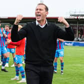 Inverness manager Duncan Ferguson celebrates in front of the travelling fans after the 3-2 victory at Arbroath. (Photo by Ross Brownlee / SNS Group)