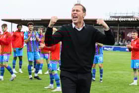 Inverness manager Duncan Ferguson celebrates in front of the travelling fans after the 3-2 victory at Arbroath. (Photo by Ross Brownlee / SNS Group)