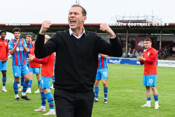 Inverness manager Duncan Ferguson celebrates in front of the travelling fans after the 3-2 victory at Arbroath. (Photo by Ross Brownlee / SNS Group)
