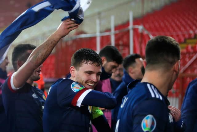 Andy Robertson of Scotland celebrates in Belgrade (Photo by Srdjan Stevanovic/Getty Images)
