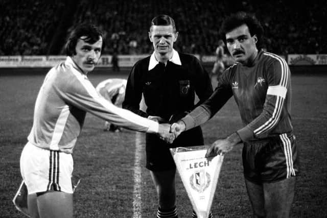 Aberdeen captain Willie Miller (right) shakes hands before kick off in the first leg on October 20, 1982. (Picture: SNS)