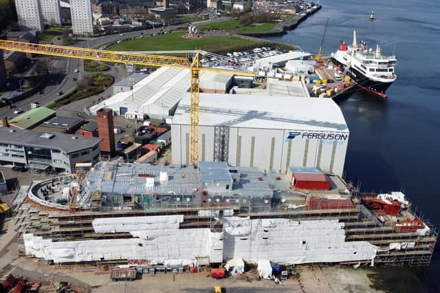 Hull 802 under construction at the Ferguson Marine shipyard in Port Glasgow in April with sister ferry Glen Sannox afloat behind. Picture: John Devlin