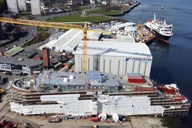 Hull 802 under construction at the Ferguson Marine shipyard in Port Glasgow in April with sister ferry Glen Sannox afloat behind. Picture: John Devlin