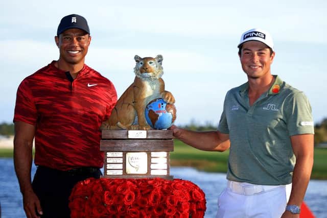 Viktor Hovland poses with tournament host Tiger Woods after winning the 2021 Hero World Challenge at Albany Golf Course in Nassau, .Picture: Mike Ehrmann/Getty Images.