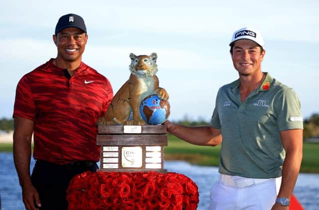 Viktor Hovland poses with tournament host Tiger Woods after winning the 2021 Hero World Challenge at Albany Golf Course in Nassau, .Picture: Mike Ehrmann/Getty Images.