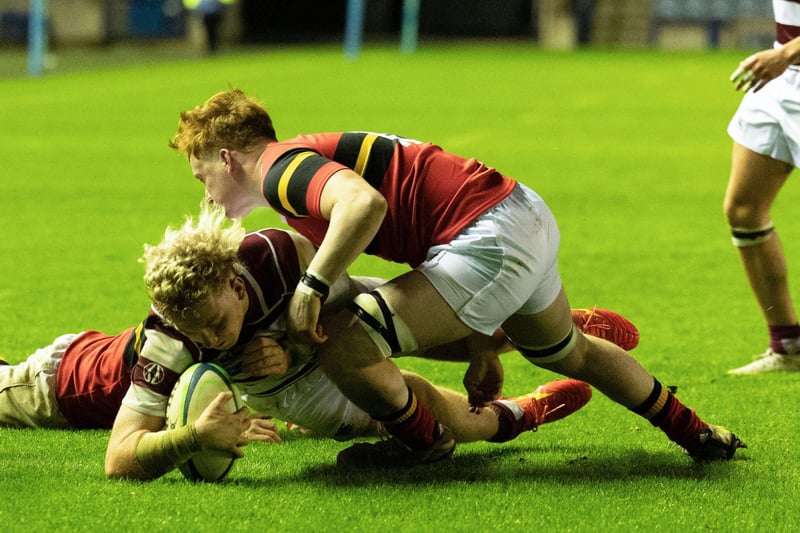 George Watson's score a try during the Scottish Schools U-18 Cup Final against Stewarts-Melville College at Murrayfield.