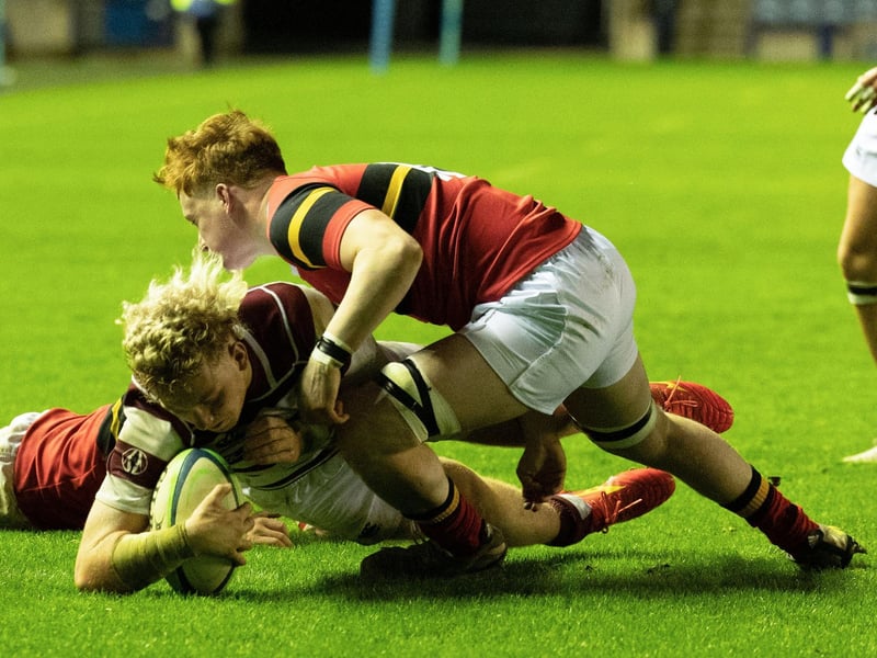 George Watson's score a try during the Scottish Schools U-18 Cup Final against Stewarts-Melville College at Murrayfield.