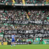 Celtic fans displayed a banner aimed at Rangers over the Old Firm away fan allocations during the draw with St Johnstone. (Photo by Alan Harvey / SNS Group)