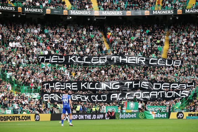 Celtic fans displayed a banner aimed at Rangers over the Old Firm away fan allocations during the draw with St Johnstone. (Photo by Alan Harvey / SNS Group)