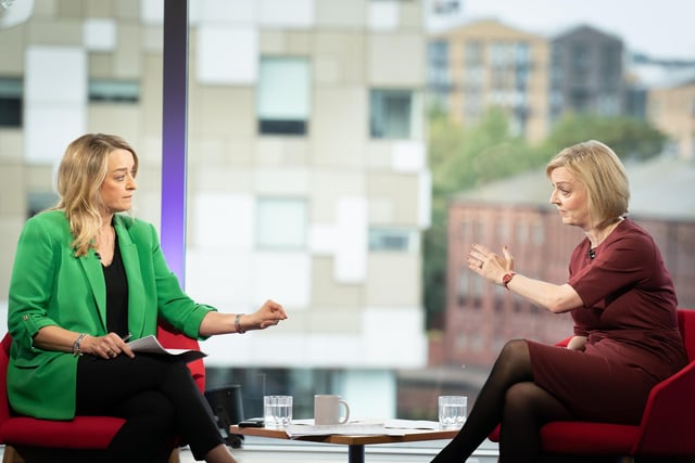 Laura Kuenssberg (left) interviewing Prime Minister Liz Truss on the BBC1 current affairs programme, Sunday with Laura Kuenssberg, as the Conservative Party annual conference gets underway at the International Convention Centre in Birmingham. Picture;  02/10/2022