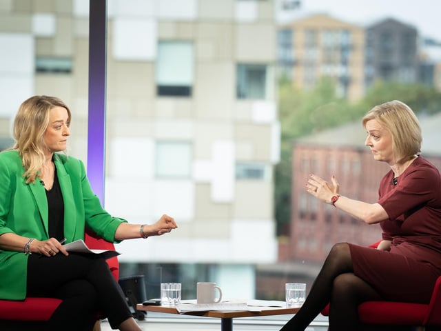 Laura Kuenssberg (left) interviewing Prime Minister Liz Truss on the BBC1 current affairs programme, Sunday with Laura Kuenssberg, as the Conservative Party annual conference gets underway at the International Convention Centre in Birmingham. Picture;  02/10/2022
