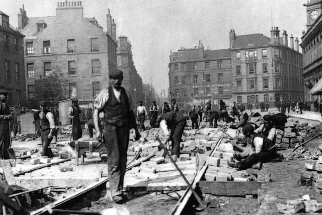 Long before the Trams to Newhaven project, construction workers installed the original tram lines on Leith Walk in 1904.