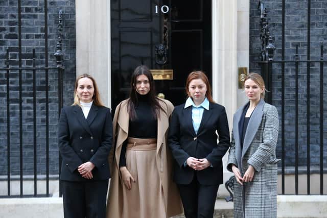 Four Ukrainian MPs: Olena Khomenko (left), Lesia Vasylenko (centre-left), Alona Shkrum (centre-right) and Maria Mezentseva arrive at Downing Street, central London for talks with Prime Minister Boris Johnson.