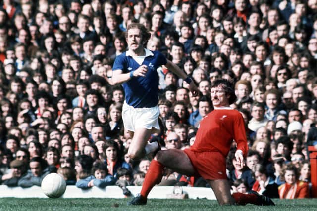 John Connolly in action for Everton against Liverpool's redoubtable Tommy Smith during a 1976 Merseyside derby. Picture: Colorsport/Shutterstock