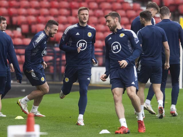 GLASGOW, SCOTLAND - NOVEMBER 14: Liam Cooper (centre) during Scotland National Team media access at Hampden Park, on November 14 in Glasgow.