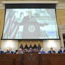 A video of former President Donald Trump speaking during a rally near the White House on Jan. 6, 2021, is shown at the committee hearing.