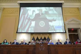 A video of former President Donald Trump speaking during a rally near the White House on Jan. 6, 2021, is shown at the committee hearing.