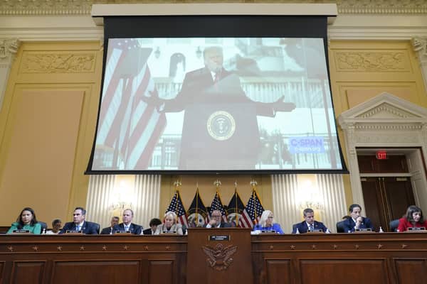 A video of former President Donald Trump speaking during a rally near the White House on Jan. 6, 2021, is shown at the committee hearing.