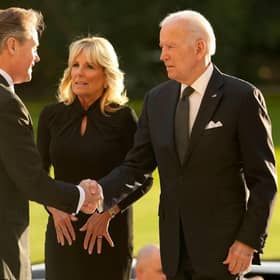 US President Joe Biden, accompanied by First Lady Jill Biden is welcomed by Master of the Household Sir Tony Johnstone-Burt at Buckingham Palace in London on Saturday. Picture: AFP via Getty Images