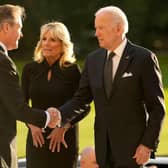 US President Joe Biden, accompanied by First Lady Jill Biden is welcomed by Master of the Household Sir Tony Johnstone-Burt at Buckingham Palace in London on Saturday. Picture: AFP via Getty Images