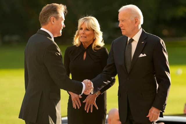US President Joe Biden, accompanied by First Lady Jill Biden is welcomed by Master of the Household Sir Tony Johnstone-Burt at Buckingham Palace in London on Saturday. Picture: AFP via Getty Images