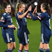 EDINBURGH, SCOTLAND - OCTOBER 23: Caroline Weir (R) celebrates her goal to make it 3-0 Scotland during a UEFA Women's EURO 2021 qualifier between Scotland and Albania at Tynecastle Park on October 23, 2020, in Edinburgh, Scotland. (Photo by Craig Foy / SNS Group)