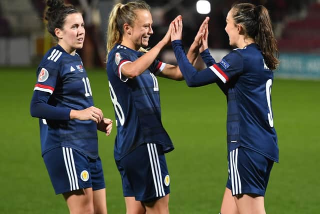 EDINBURGH, SCOTLAND - OCTOBER 23: Caroline Weir (R) celebrates her goal to make it 3-0 Scotland during a UEFA Women's EURO 2021 qualifier between Scotland and Albania at Tynecastle Park on October 23, 2020, in Edinburgh, Scotland. (Photo by Craig Foy / SNS Group)