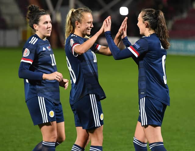 EDINBURGH, SCOTLAND - OCTOBER 23: Caroline Weir (R) celebrates her goal to make it 3-0 Scotland during a UEFA Women's EURO 2021 qualifier between Scotland and Albania at Tynecastle Park on October 23, 2020, in Edinburgh, Scotland. (Photo by Craig Foy / SNS Group)