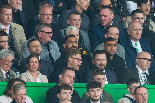 Celtic's Cameron Carter-Vickers and Giorgos Giakoumakis during a cinch Premiership match between Celtic and Motherwell at Celtic Park, on October 01, 2022, in Glasgow, Scotland. (Photo by Craig Foy / SNS Group)