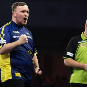 Luke Littler celebrates during darts' world final against Michael van Gerwen. Picture by Taylor Lanning/PDC.