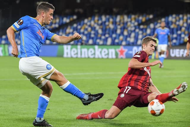 Celtic target Maik Nawrocki (right) blocks an effort from Napoli's Deigo Demme during a Europa League match in 2021. (Photo by TIZIANA FABI/AFP via Getty Images)