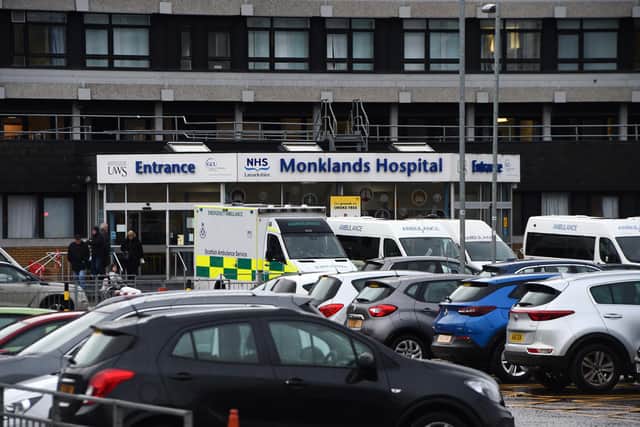 Ten entrance of Monklands Hospital in Airdrie, east of Glasgow. Picture: Andy Buchanan/AFP via Getty Images