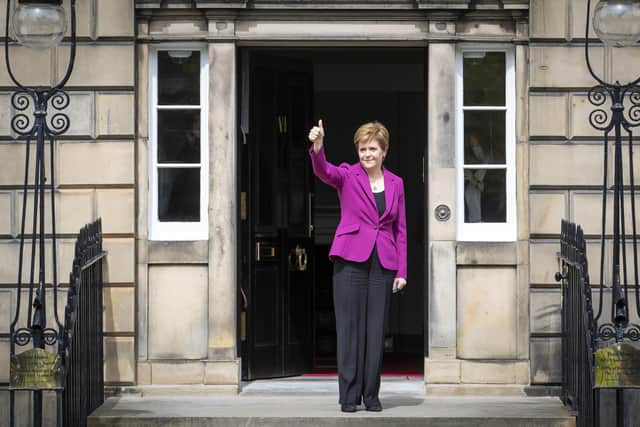 Scottish First Minister and SNP leader Nicola Sturgeon on the steps outside Bute House in Edinburgh.